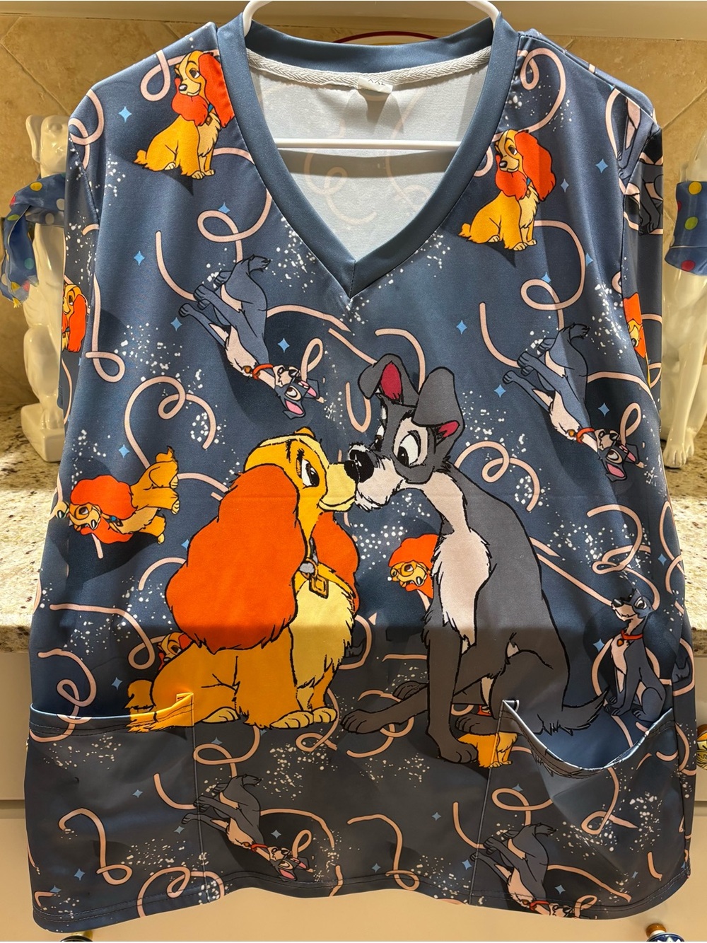 Lady and the Tramp Woman Scrub Top - Blue with Orange Accents